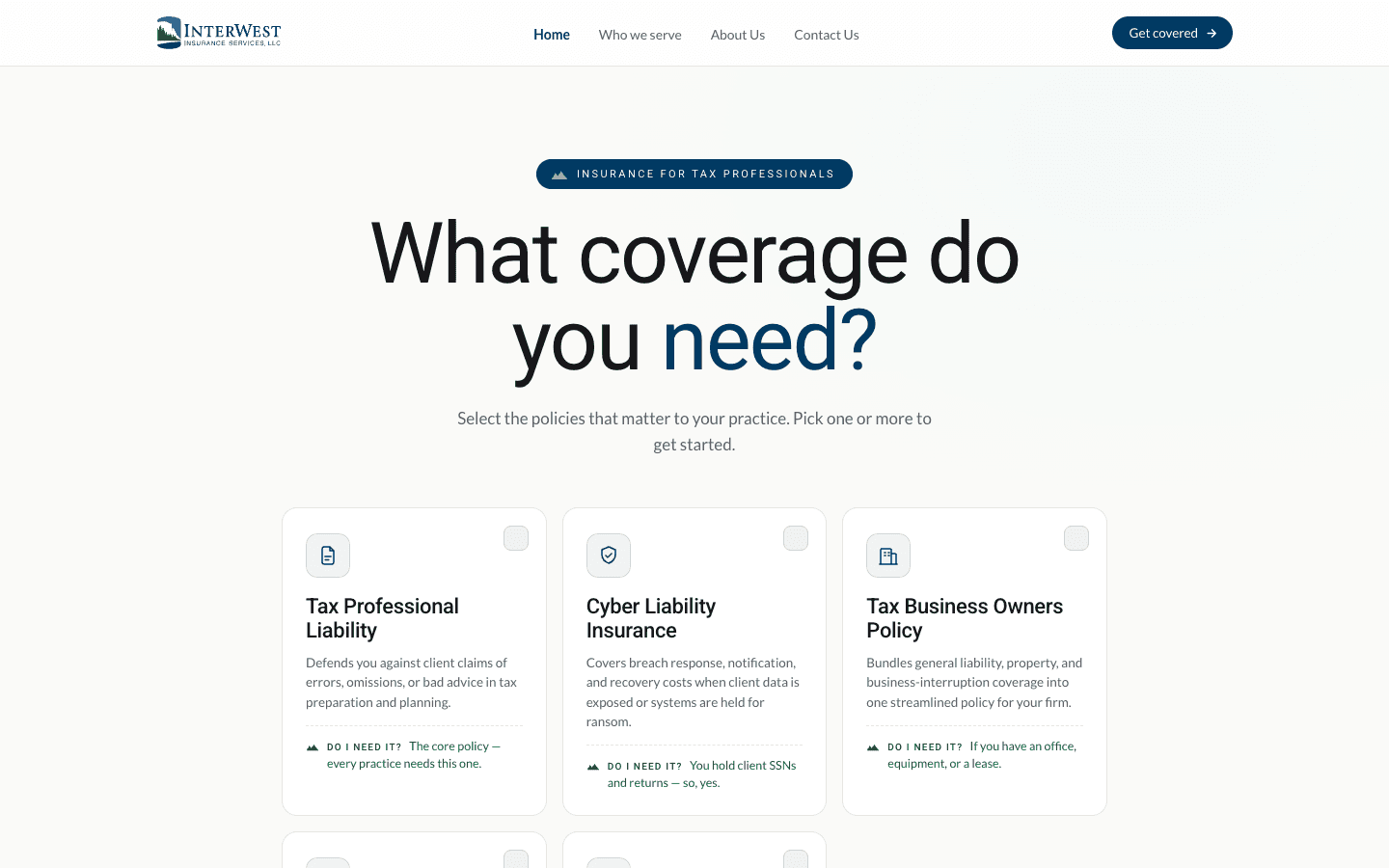 Tax Pro E&O lead form. Policy picker for tax professional liability, cyber, BOP, workers compensation, and bonds.